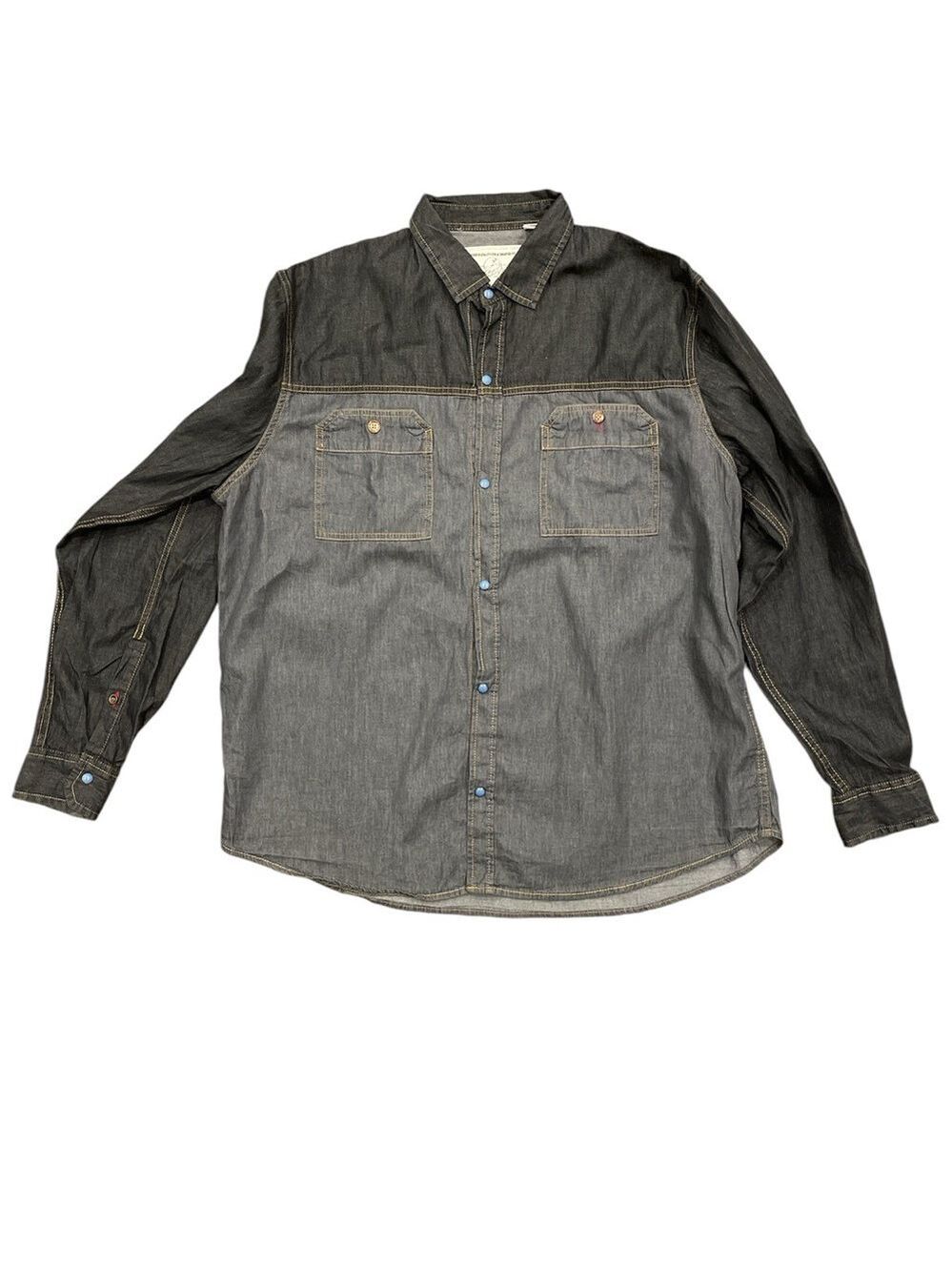 Jack South XXL 2 toned gray/blue denim snap front long sleeve shirt with pockets